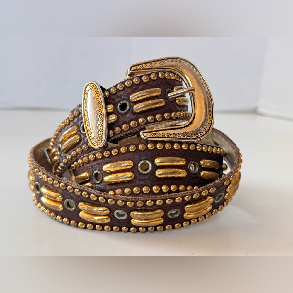 vintage ribco usa belt brown leather distressed gold studded western cowgirl
